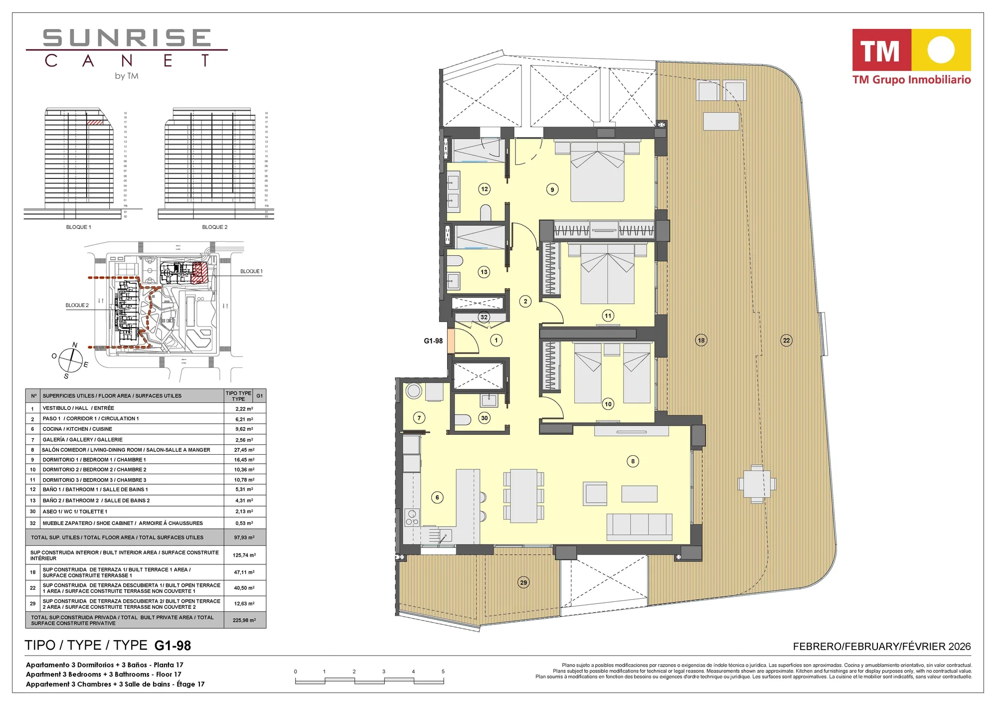 Plano: Apartamento 1-98 en Sunrise Canet, Valencia