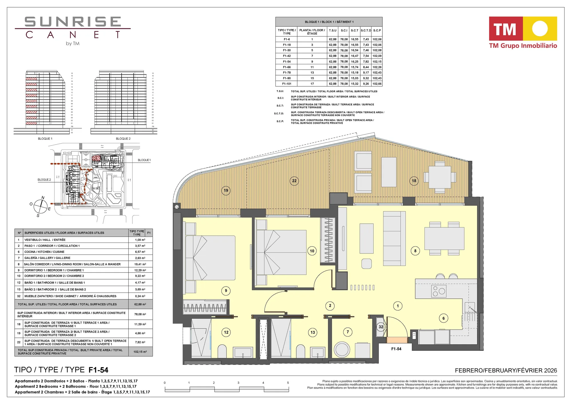 Plattegrond: Appartement 1-101 in Sunrise Canet, Valencia