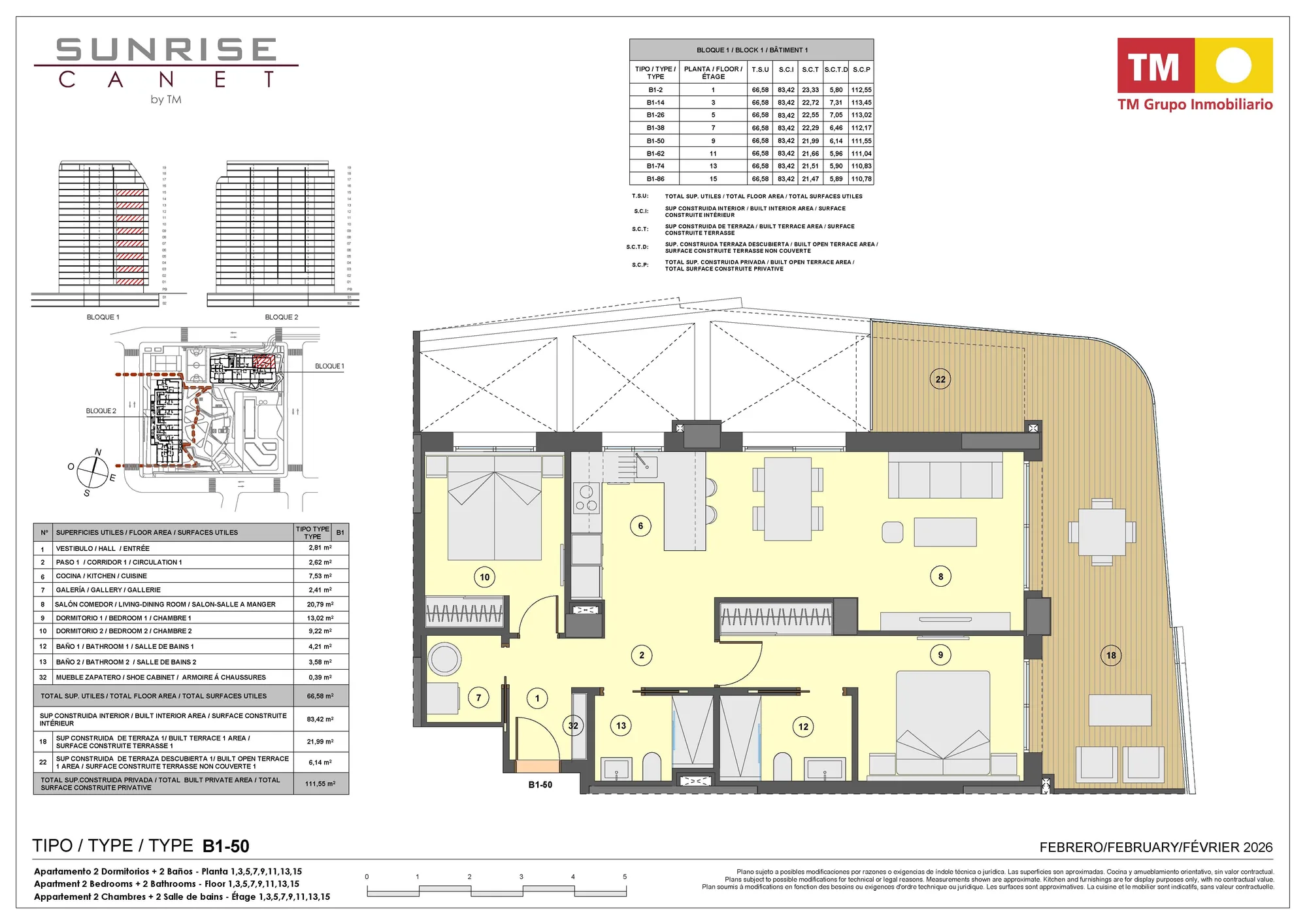 Plano: Apartamento 1-86 en Sunrise Canet, Valencia