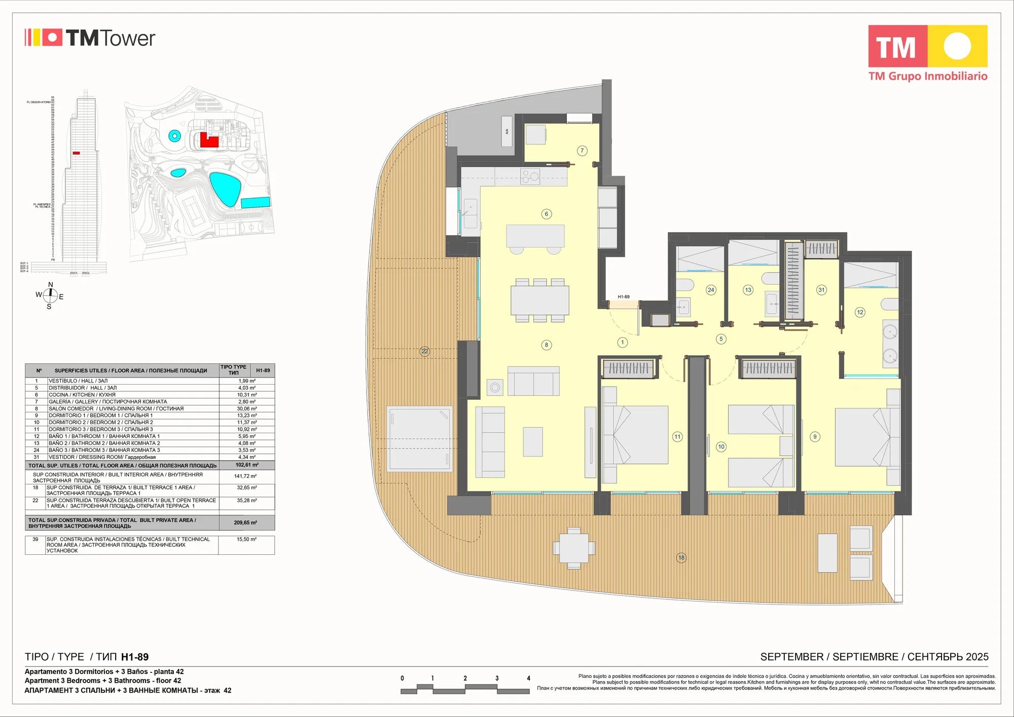 Plattegrond: Appartement 1-H1 in Tm Tower, Benidorm
